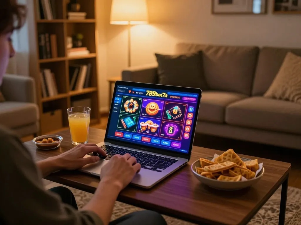 Person enjoying online gaming at 789bet7a with laptop, snacks, and warm lighting.