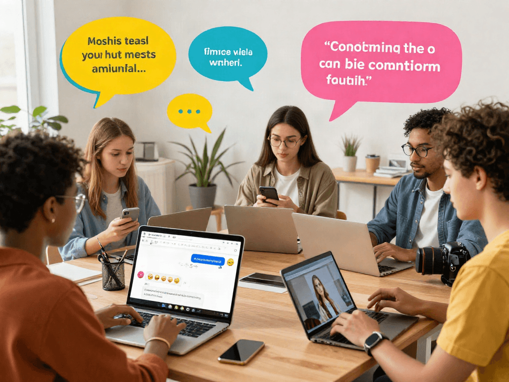Engaging spicychat scene with diverse young adults communicating on digital devices, showcasing modern online interaction and lively conversation.