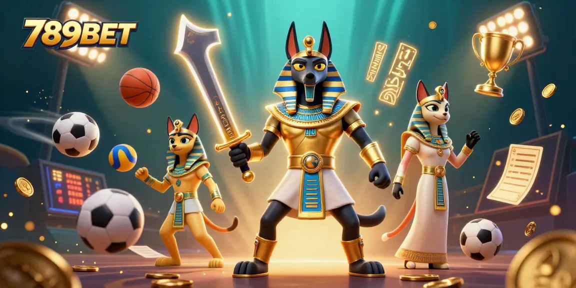 Engage in thrilling gaming with 789BET's diverse offerings and a captivating scene of Anubis and Bastet amidst dynamic sports elements.