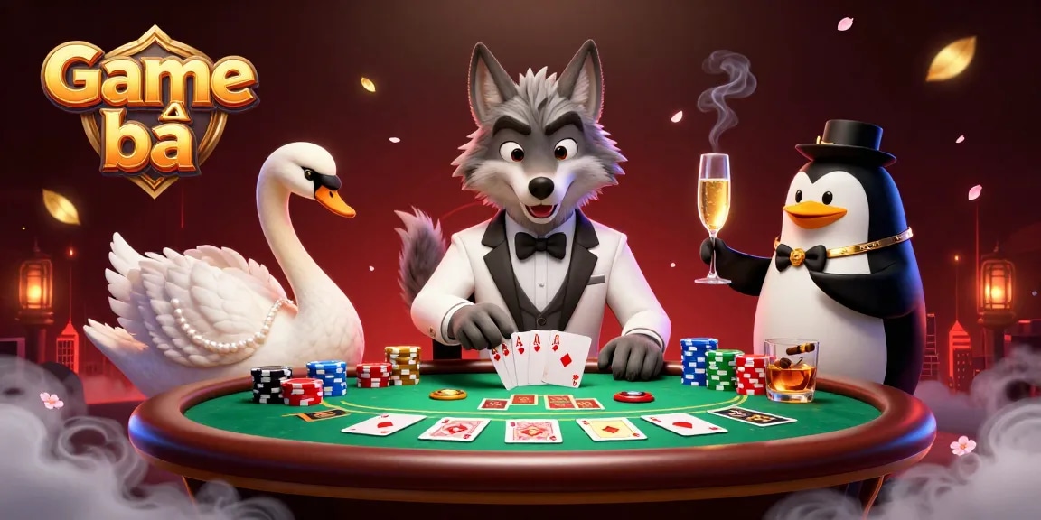 Engaging Game bài scene featuring lively characters at a baccarat table with vibrant casino elements.