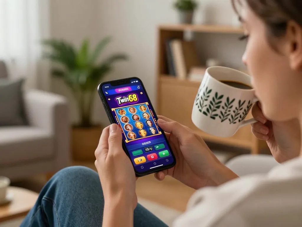 Twin68 casino app interface on smartphone showcases vibrant slot games during a cozy home gaming session.