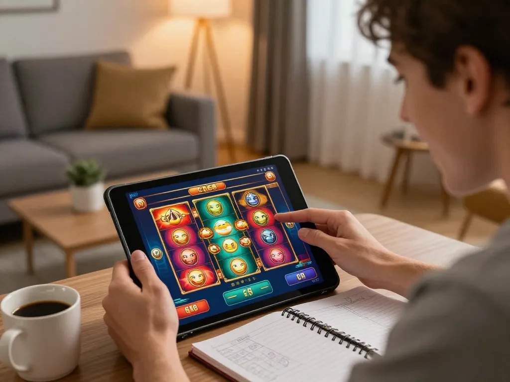C168 game player engaging with immersive online slots, showcasing excitement in a cozy home setting.