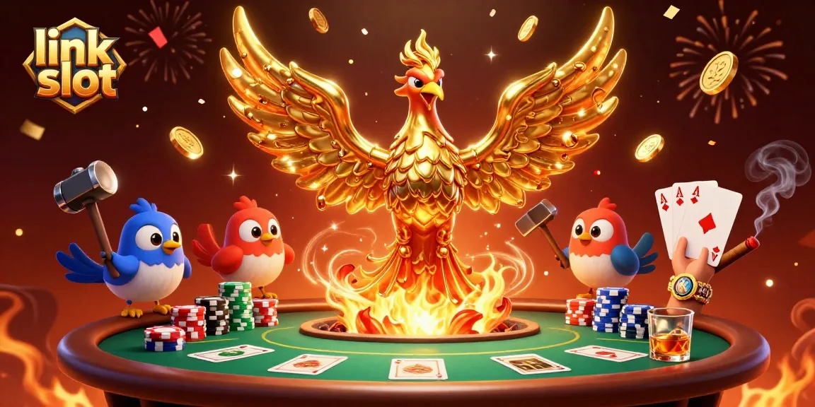 Spin and win on the link slot with vibrant game elements and a golden phoenix emerging from a forge.