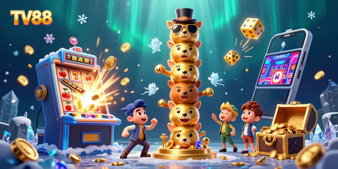 Experience thrilling casino action at TV88 with a dynamic 3D jackpot scene filled with excitement.