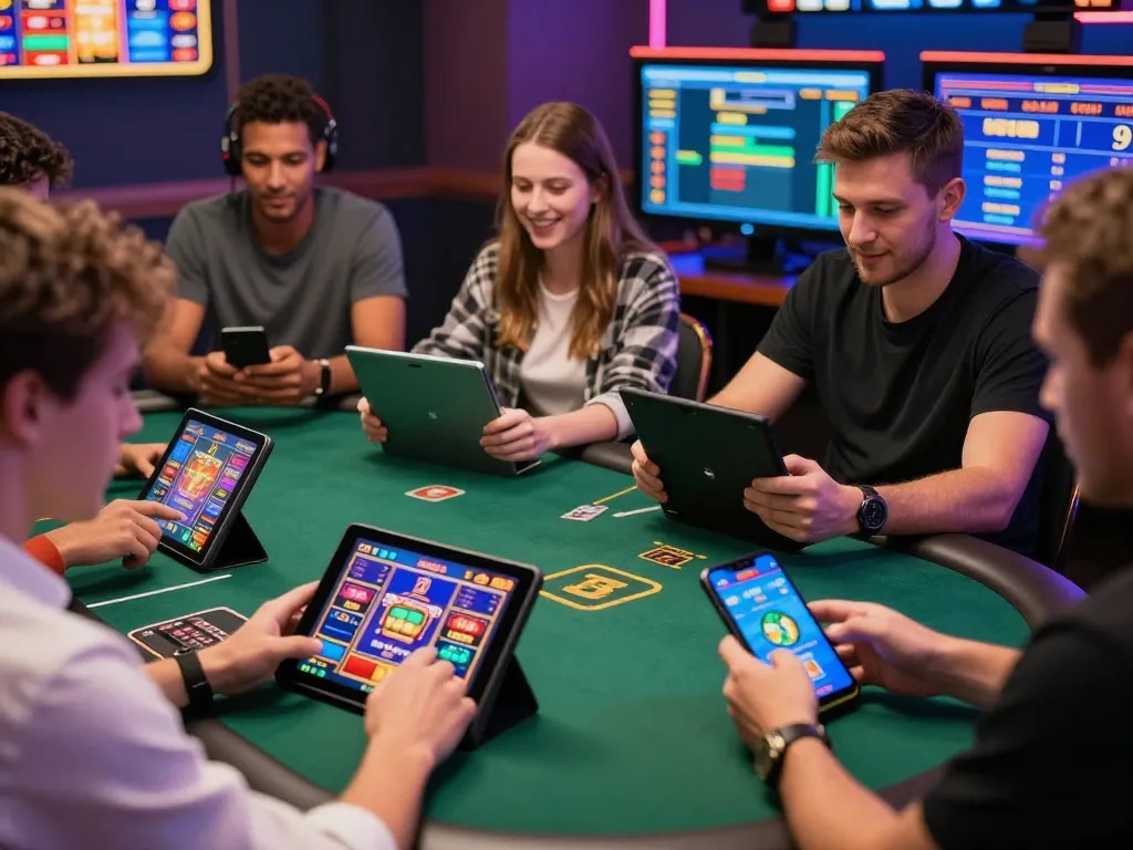 Players engaging with onbet games on mobile devices, showcasing excitement and community in online gaming.