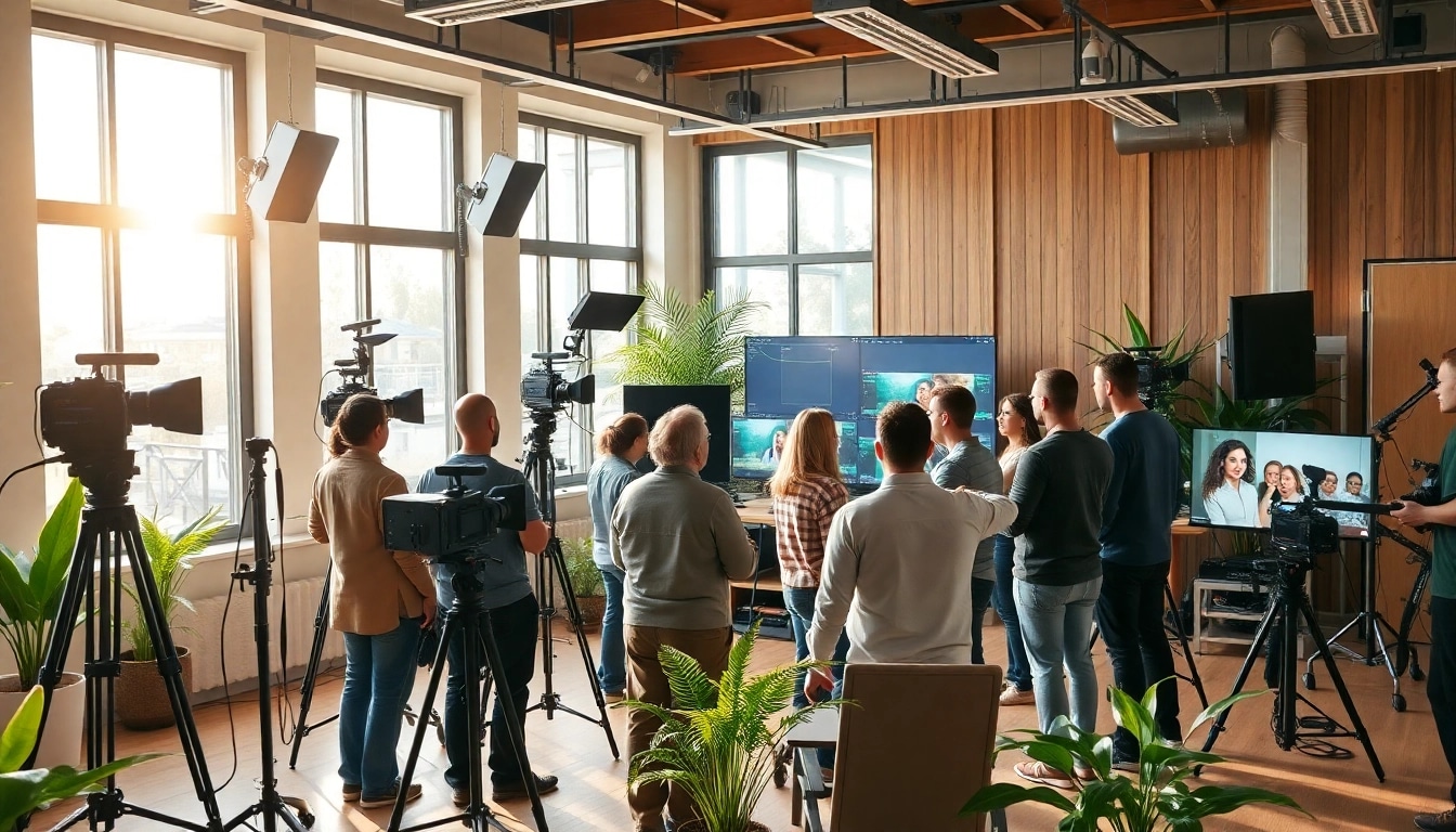 A dynamic video production agency team collaborating in a modern studio with state-of-the-art equipment.