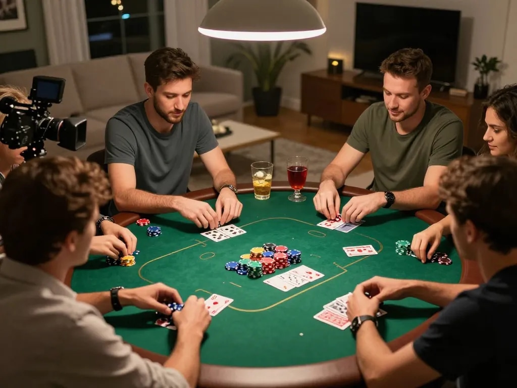 Friends enjoying a lively poker game at home, capturing moments of strategy and excitement, featuring fly88