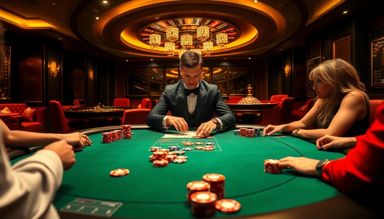 Experience the thrill of F8bet as players engage in exciting poker games amidst a luxurious casino backdrop.