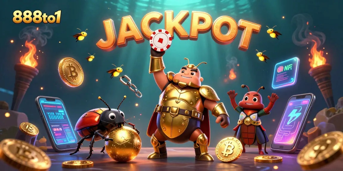 Win big at 888to1 with a champion beetle and glowing crypto coins celebrating jackpot!