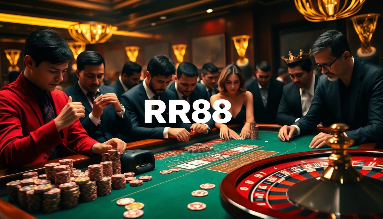 RR88 players engaging with high-stakes gambling at a luxury casino table.