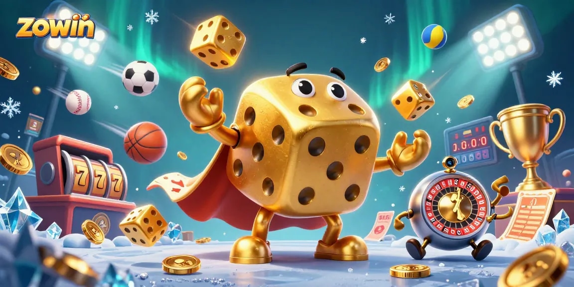 Experience thrilling action with Zowin's dynamic casino illustration filled with vibrant game elements.