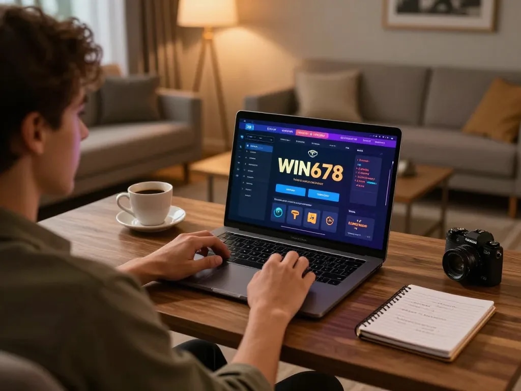 Player engaging with win678 online gaming interface at a cozy home desk setting
