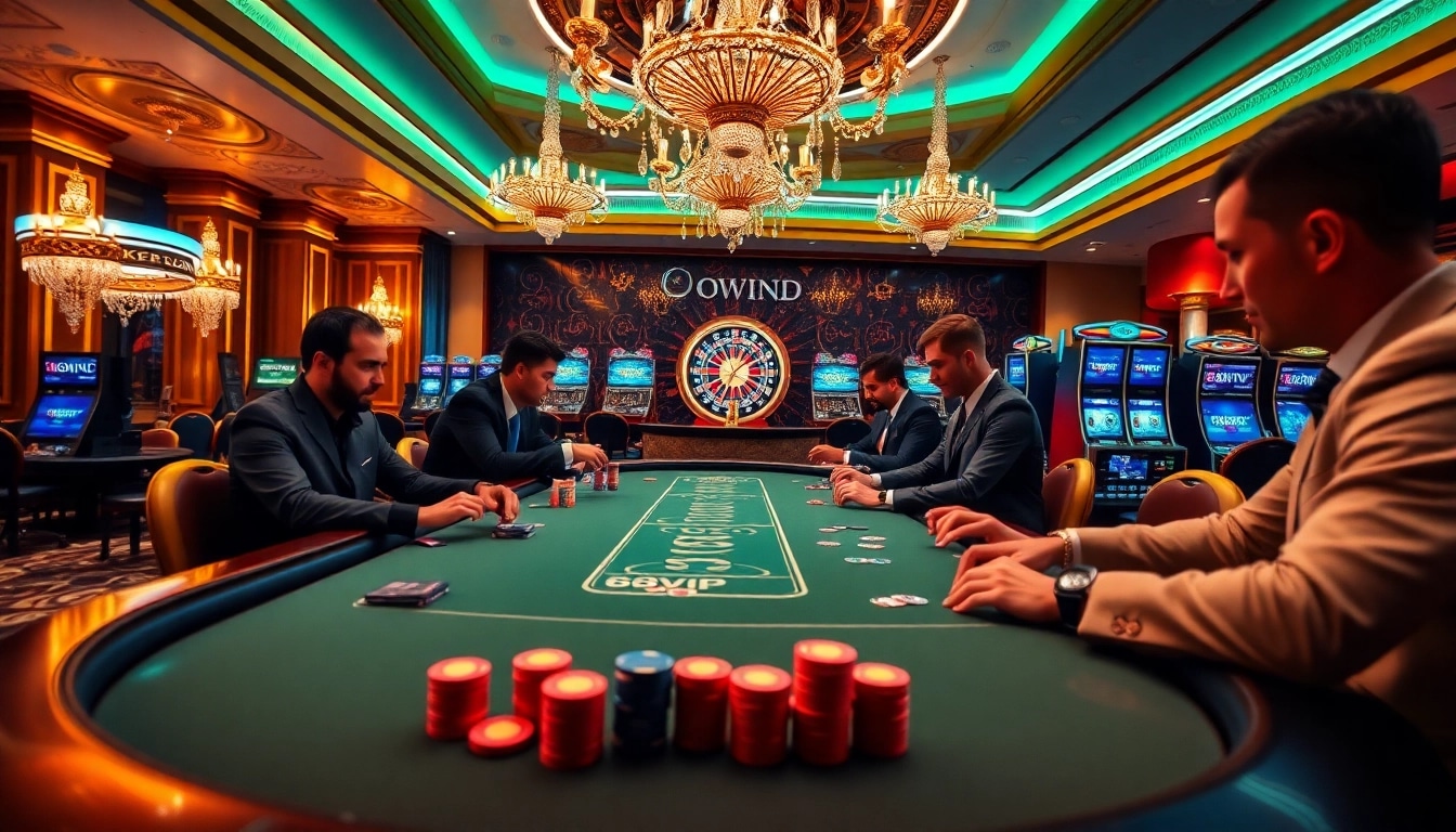 Exciting gambling action at 68VIP casino showcasing poker tables and vibrant gaming elements.