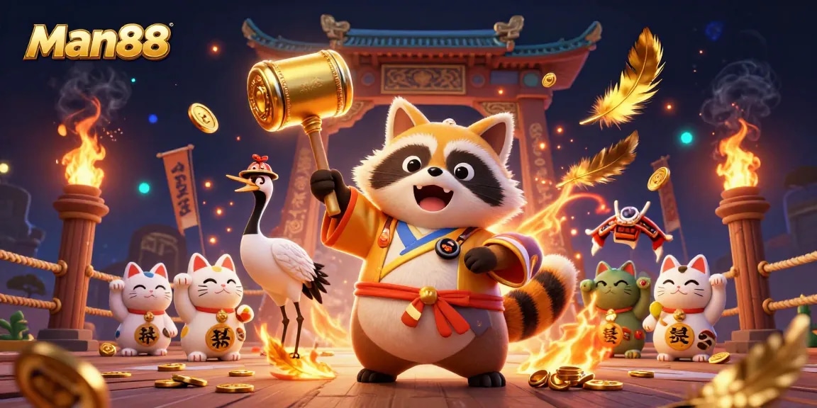 Experience man88's vibrant casino atmosphere with a cheerful tanuki and lucky elements.