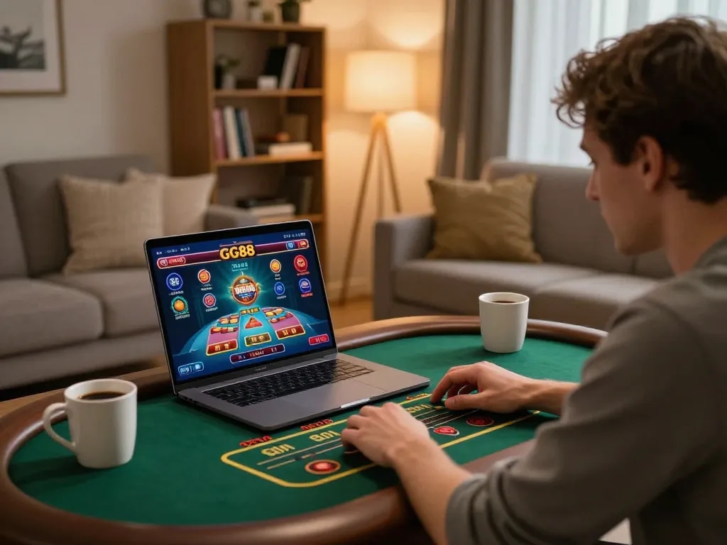 Player engaging in live dealer games on GG88 from cozy home setup, creating an inviting gaming atmosphere.