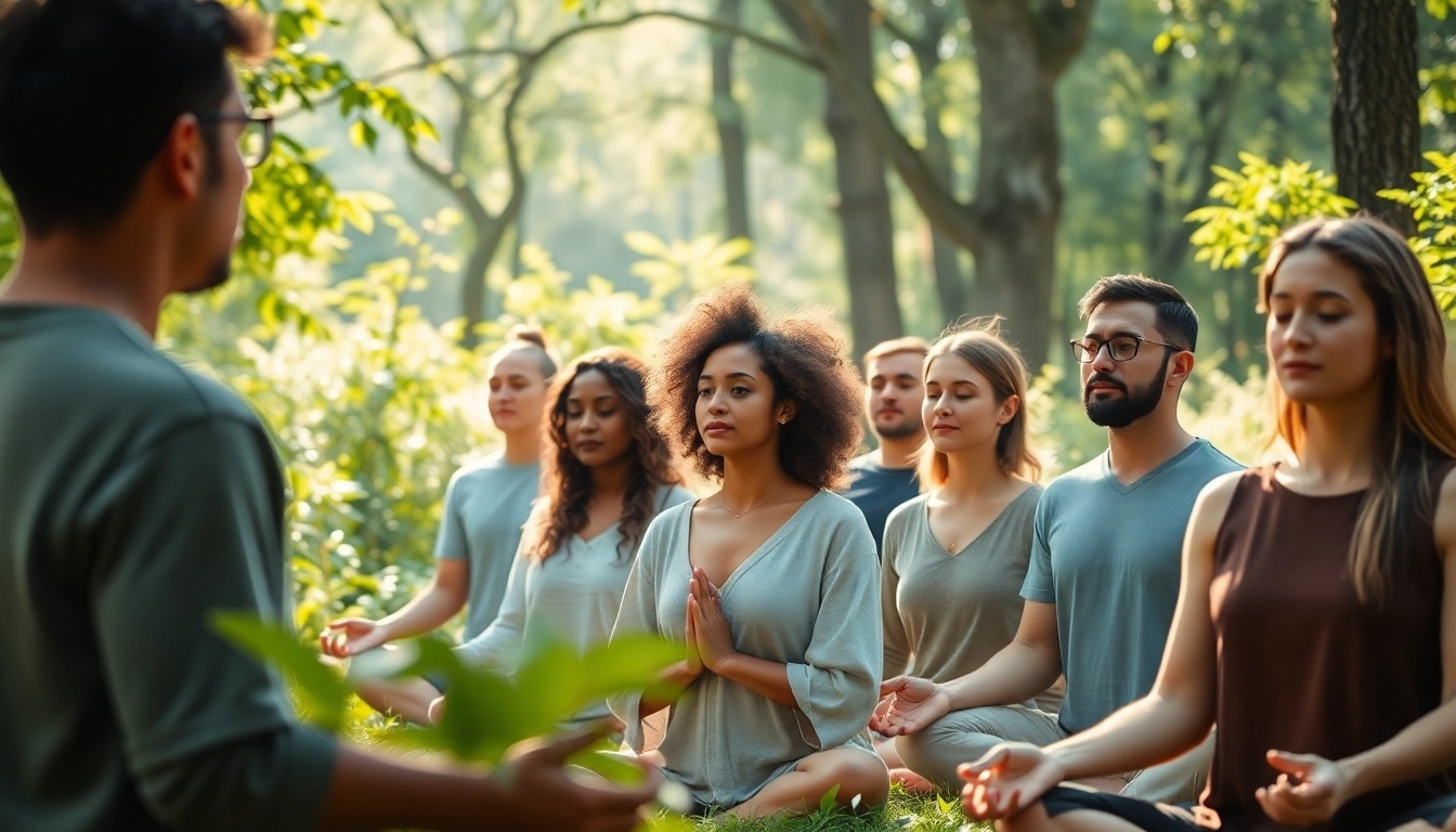 Meditation practice promoting mental wellness in a serene outdoor setting with diverse participants.