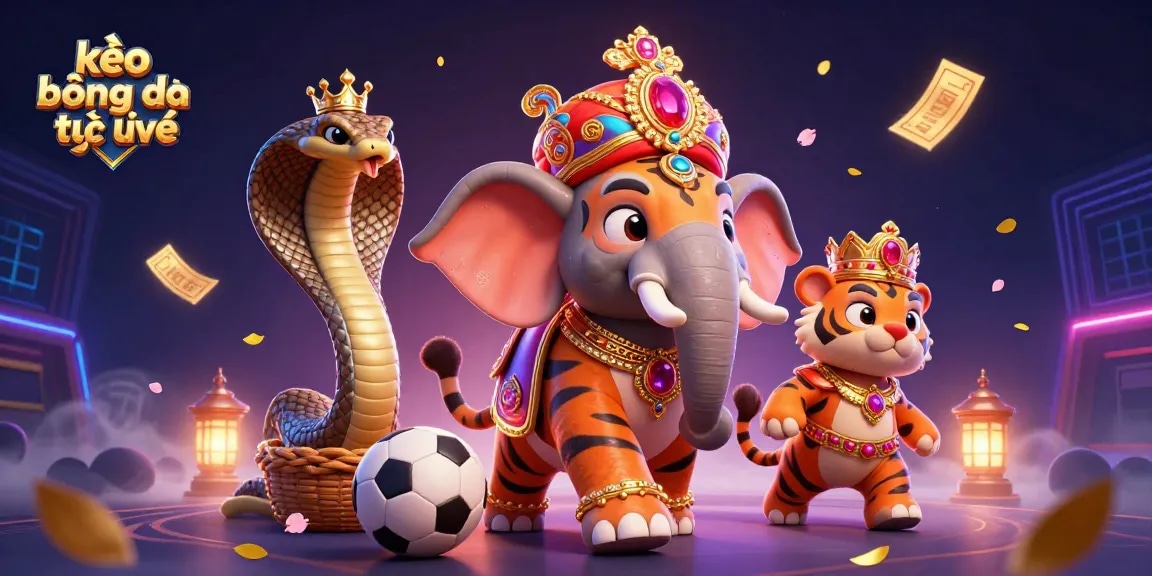Engage in kèo bóng đá trực tuyến with a vibrant circus scene of sports elements and animated characters.