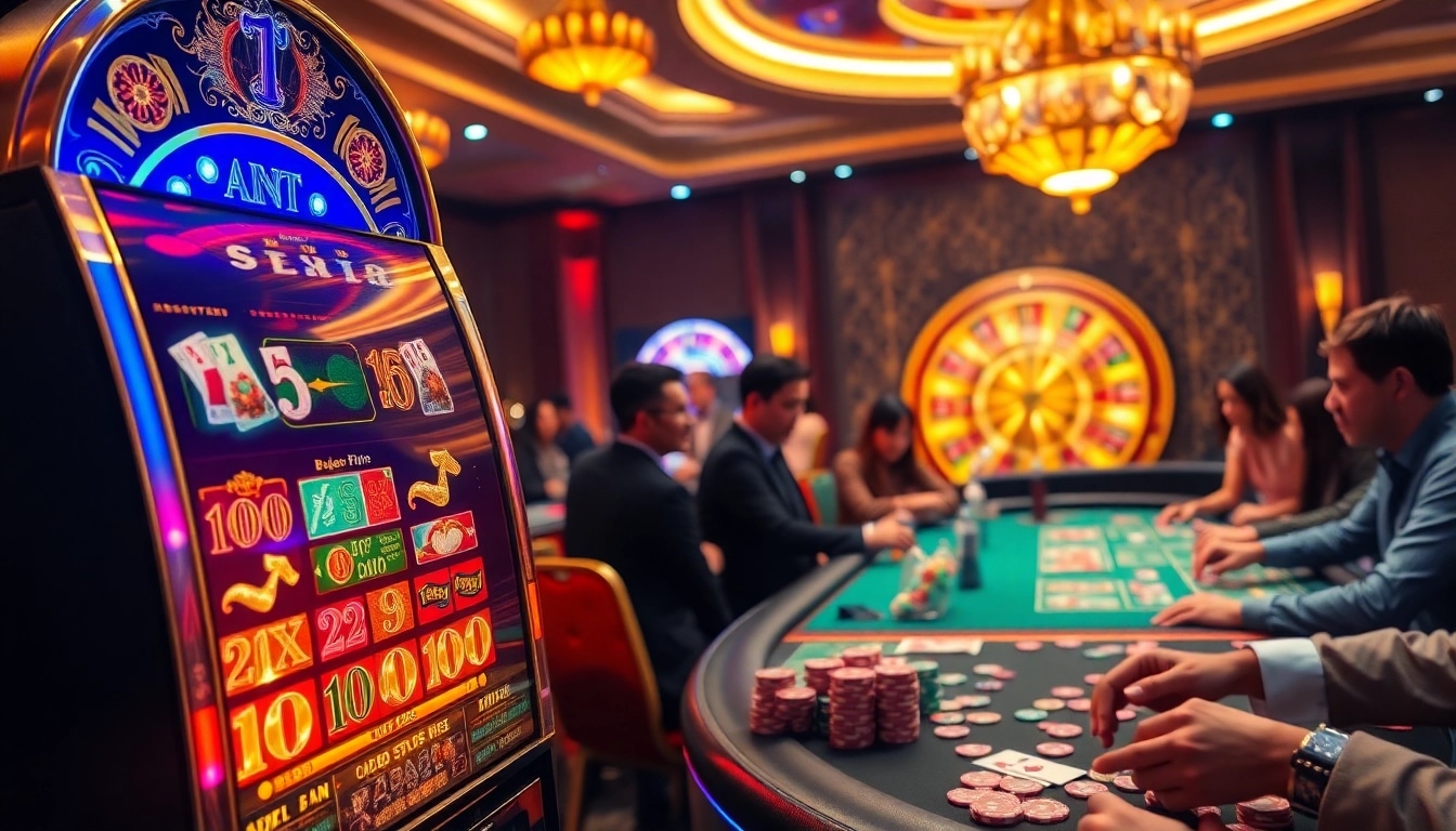 Players enjoying MEGA888 slots and poker in a luxurious casino atmosphere.