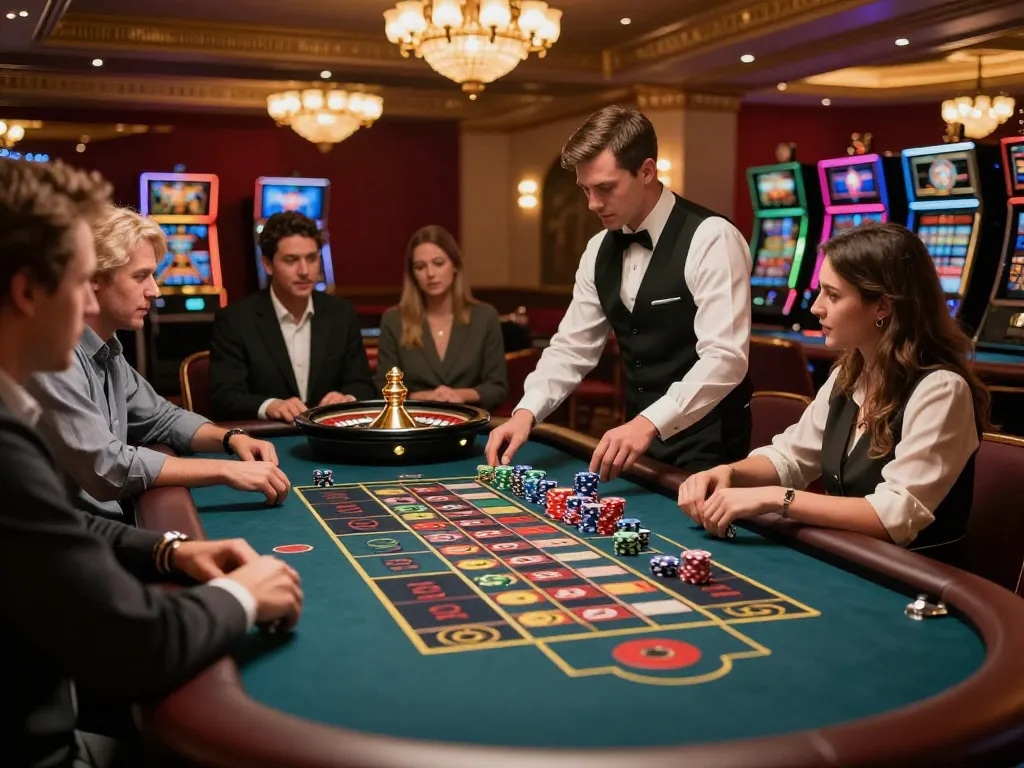 Players placing bets at a roulette table in an upscale casino showcasing the excitement of 98win9.