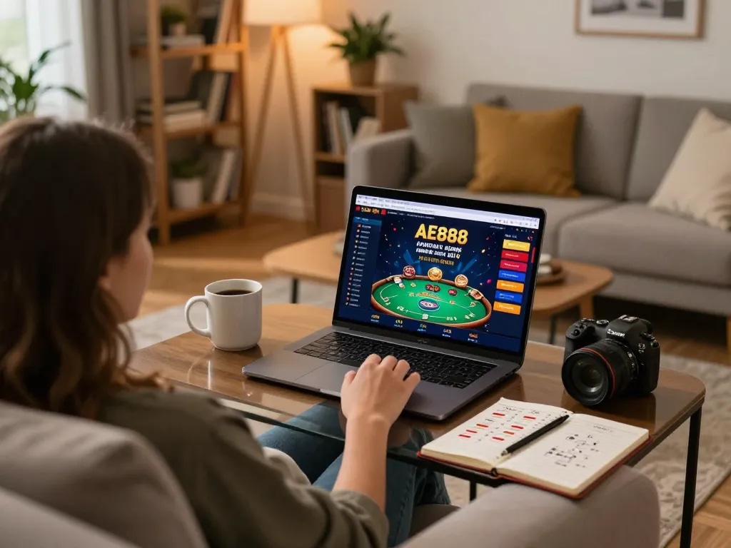 Engaging online gaming scene at home with AE888 casino interface, focused player analyzing strategies.