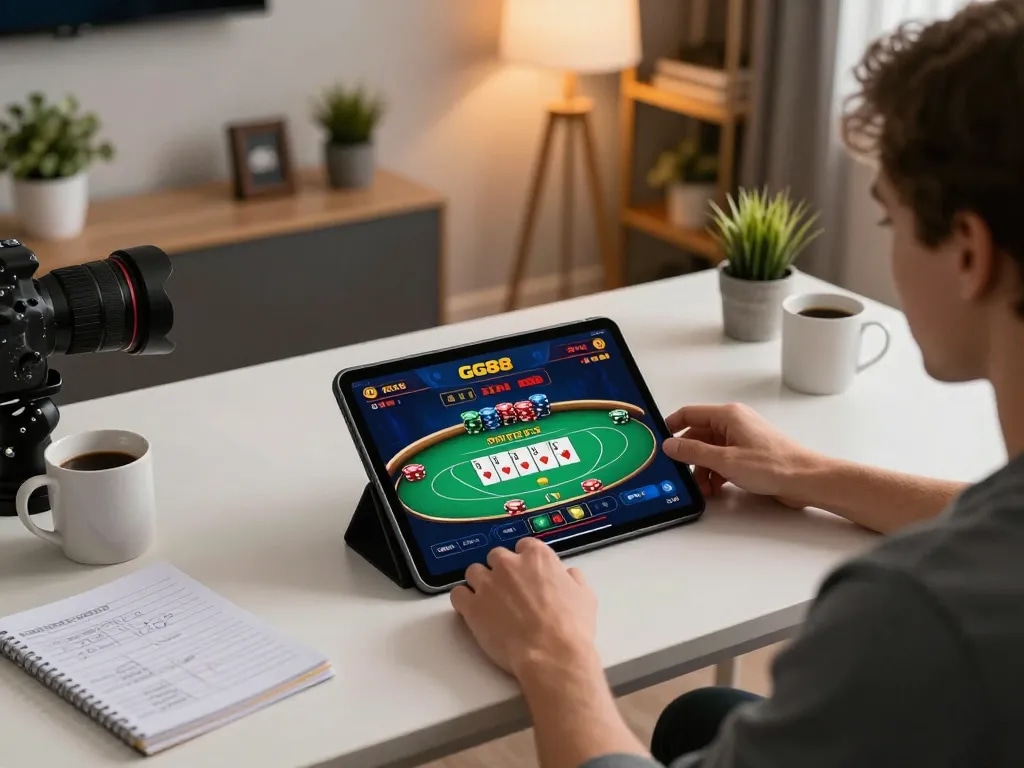 Engaging gameplay on GG88's online casino app in a cozy home setting, showcasing strategy.