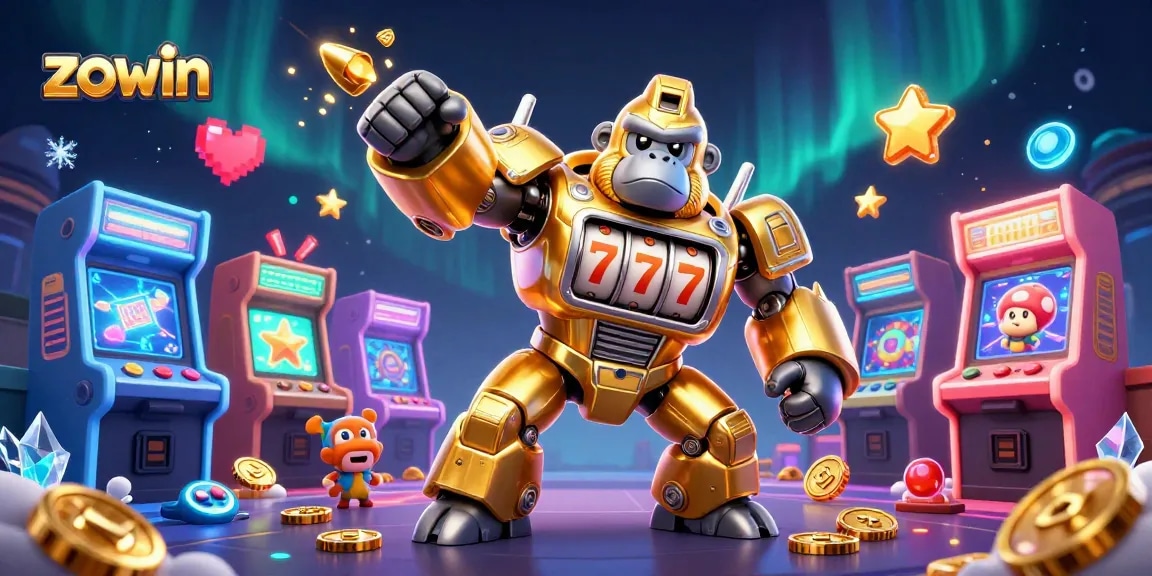 Zowin showcases a dynamic 3D illustration of a mech gorilla and arcade elements in an engaging casino environment.