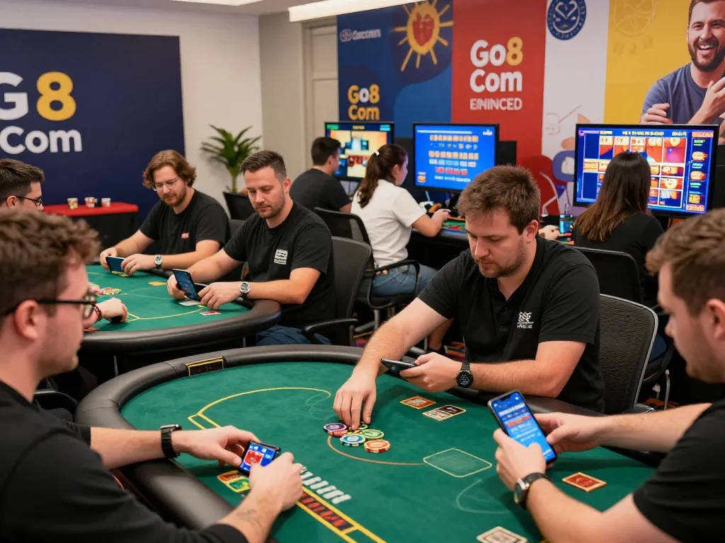 Excited players engaging in online casino games with Go8 com on their screens, showcasing vibrant gaming action.