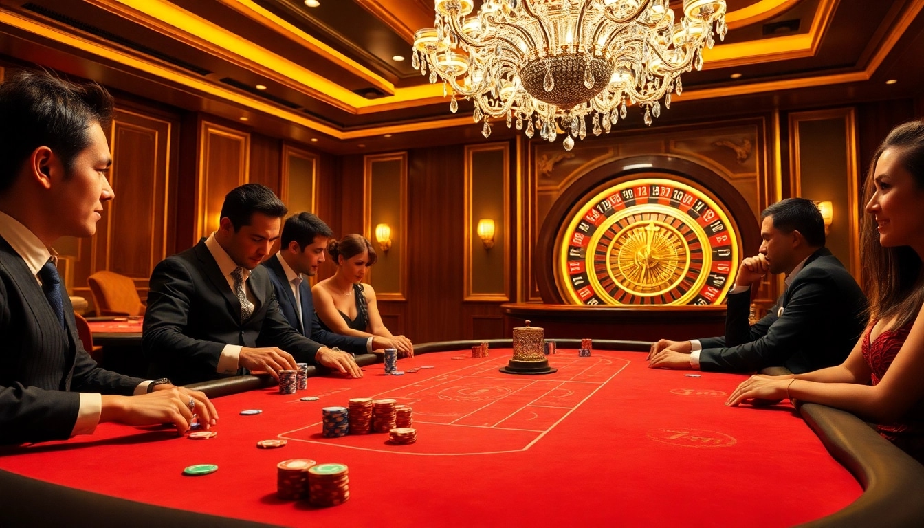 Excited players strategizing at a high-stakes poker table featuring 7m branding.