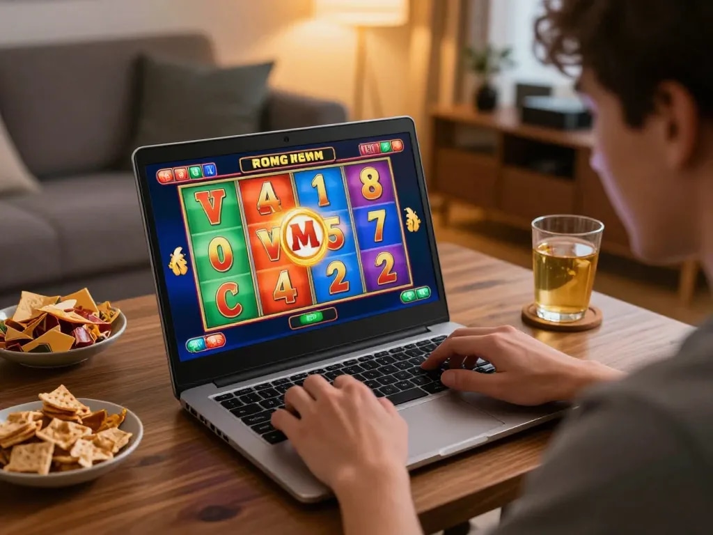 Engaging gameplay at luck8l online casino with vibrant slots display in a cozy home setting.