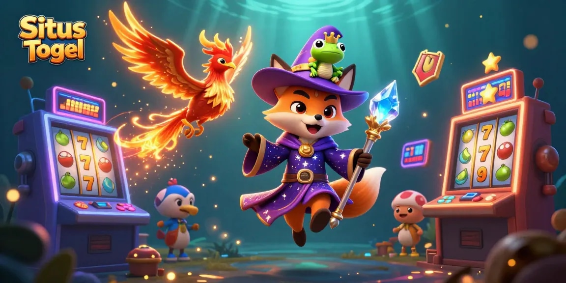 Spin and win with Situs Togel in this vibrant 3D illustration featuring enchanting characters and slot machines.