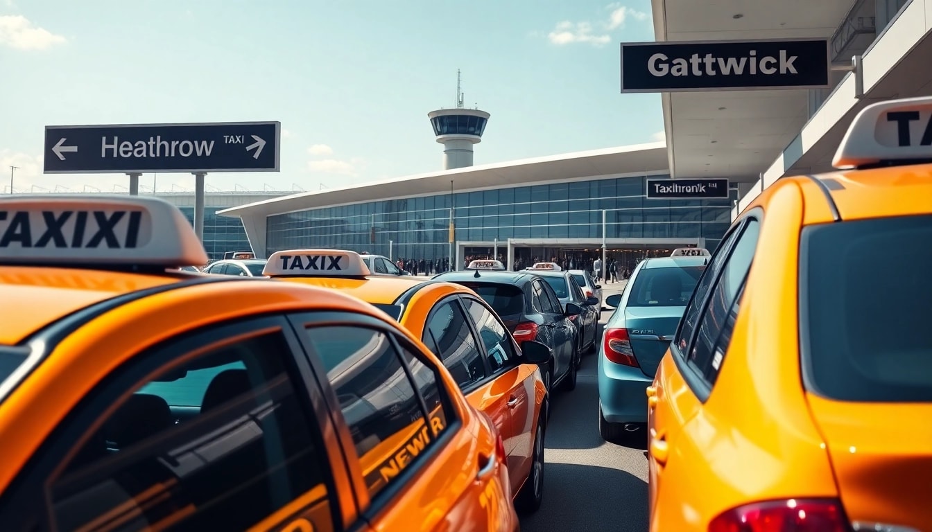 Showcase of taxis for Heathrow, Gatwick at a bustling airport terminal.