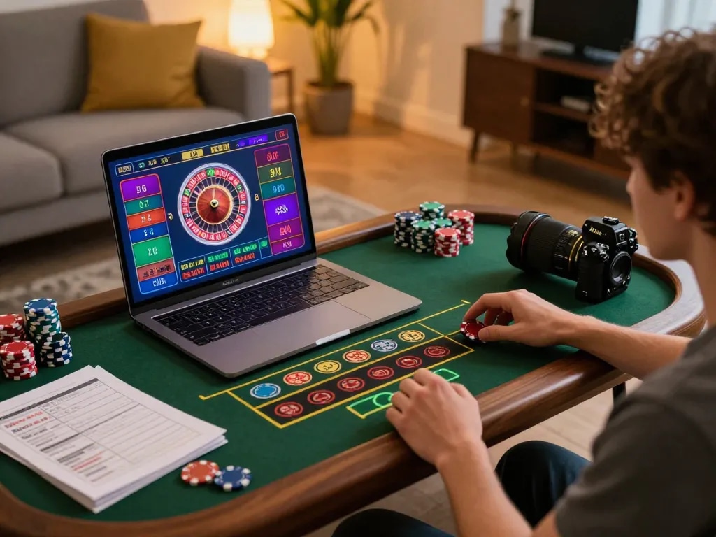 Player enjoying live roulette on tg88 online casino from a cozy home setup surrounded by gaming notes.