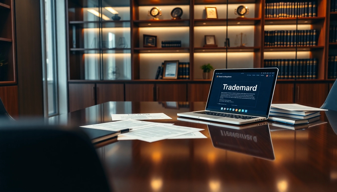 Trademark and intellectual property in the US showcased in a modern law office setting.