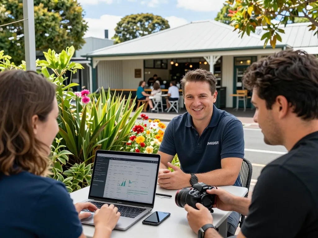 Engaging discussion on airbnb management auckland with local hosts and Houst experts in a vibrant neighborhood setting.