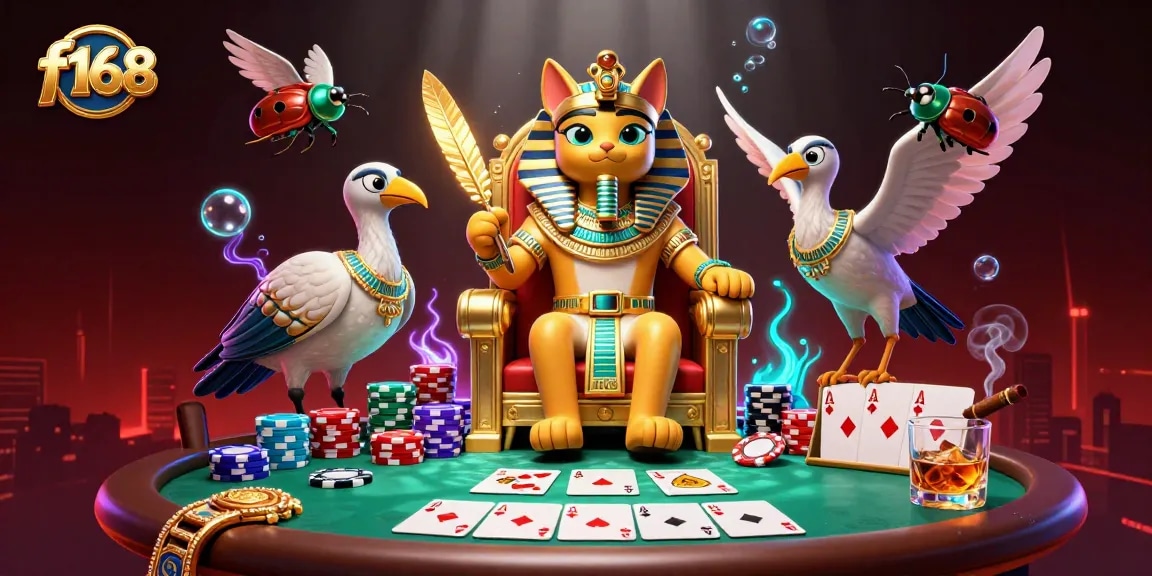 Engage in thrilling gameplay at f168 with vibrant casino elements featuring a pharaoh cat and poker scene.