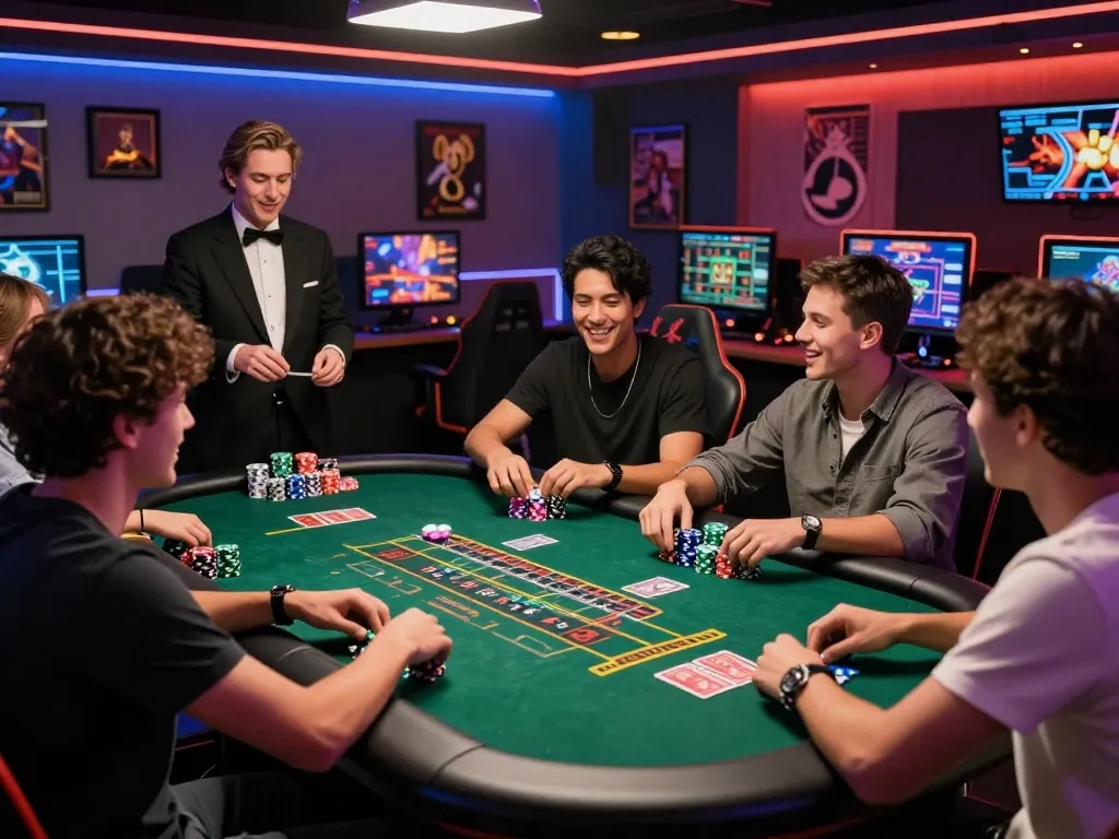 Exciting group of friends enjoying a live casino game at https://rikbet.in.net/, showcasing vibrant atmosphere and online gambling fun.