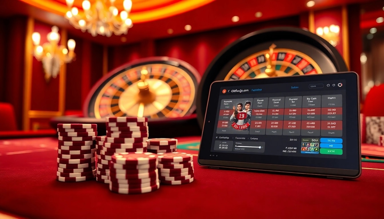 Experience the thrill of online gaming at okfun.jpn.com with a vibrant casino scene featuring poker chips and cards.