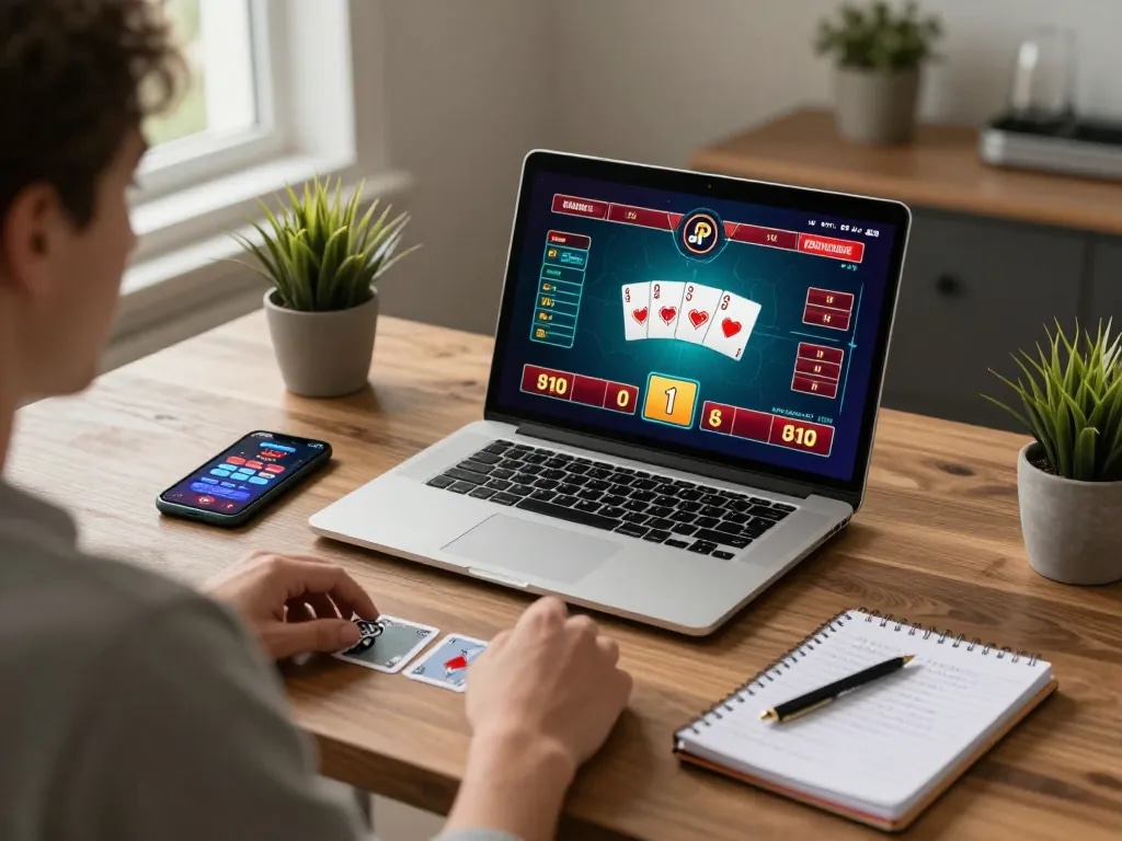 Engaging online gambling experience showcasing LINK MB88 poker game with vibrant interface and strategic notes in cozy home setting.