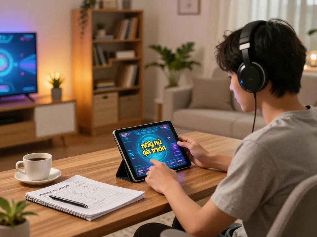 Engaging in nổ hũ đổi thưởng from a cozy living room setup showcasing strategic gameplay atmosphere.