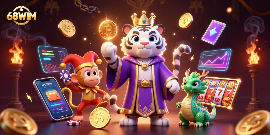 Experience thrilling gaming adventures with 68WIM in a captivating casino-themed illustration.