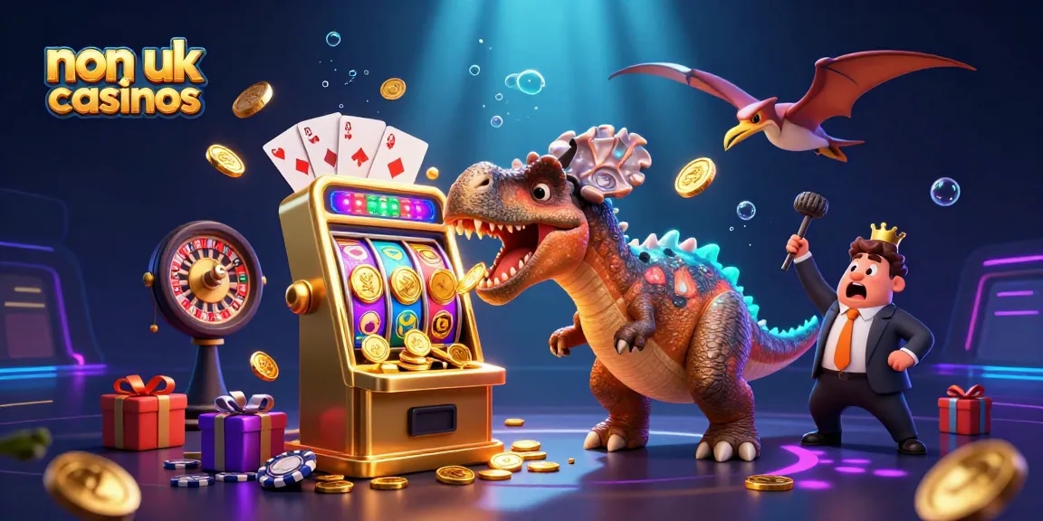 Exciting scene of non UK online casinos featuring a pachycephalosaurus, golden slot machine, and flying coins