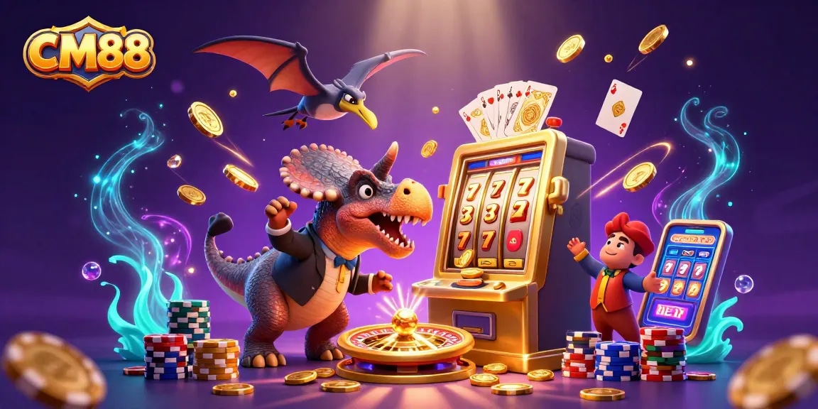Catch golden coins at CM88 with a dinosaur-themed casino adventure in this vibrant illustration.