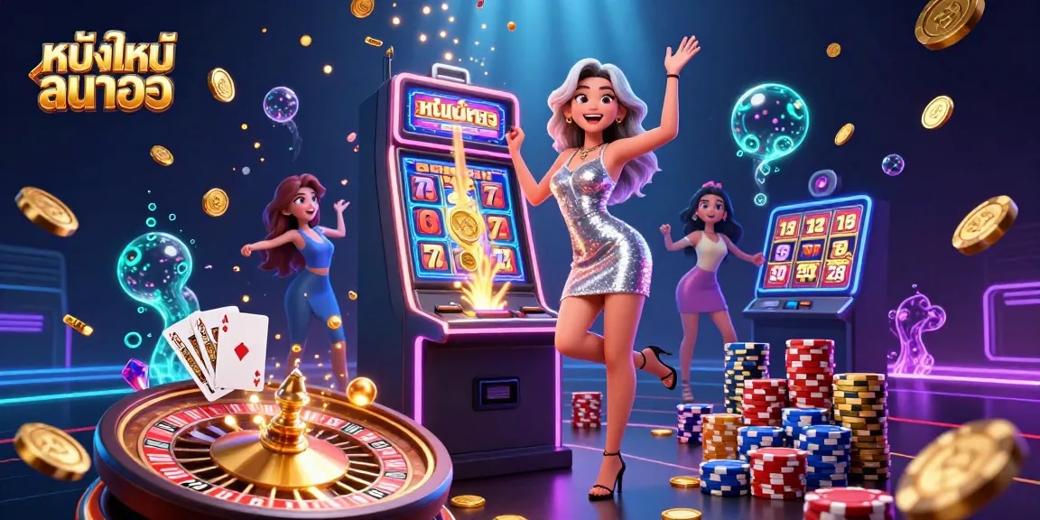 Experience fun and excitement with หนังใหม่ชนโรง, celebrating big wins on slot machines amid dazzling casino lights.