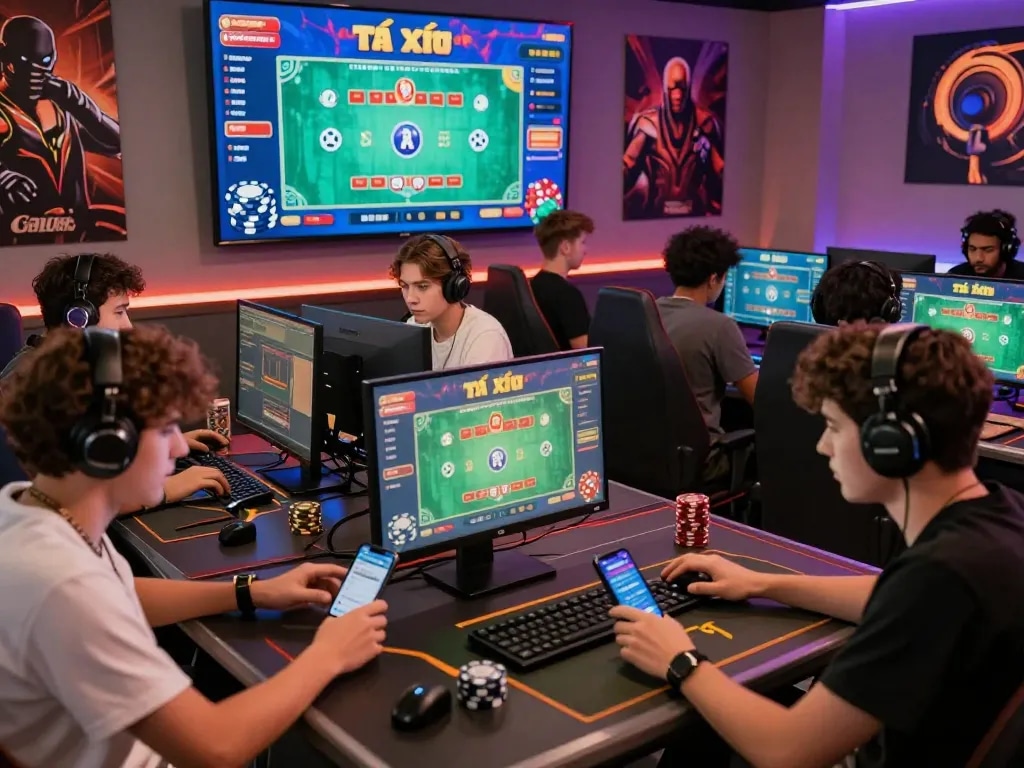 Players enjoying tài xỉu online in a vibrant gaming lounge, showcasing excitement and engagement in their digital experience.