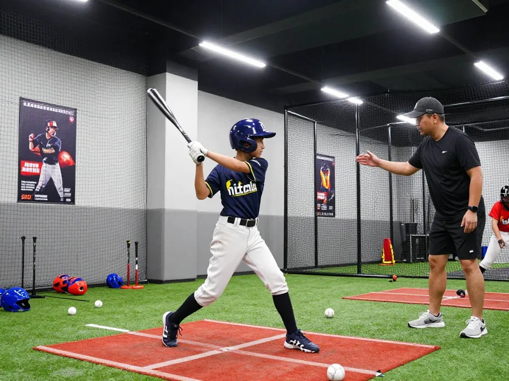 Young athlete training at hitclub batting cage, focused on perfecting swing.