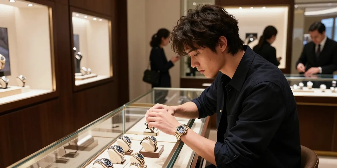 Stylish young man examining a Rolex replica in a luxury watch store, showcasing premium craftsmanship and modern urban elegance.