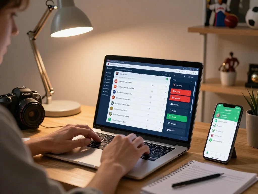 Engaging home sports betting scene showcasing qq88 live odds on a laptop and mobile app.