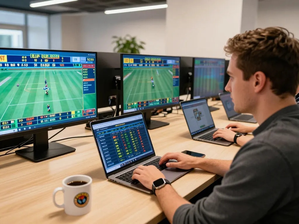Engaged user analyzing Kèo nhà cái 5 on multiple screens for informed betting.