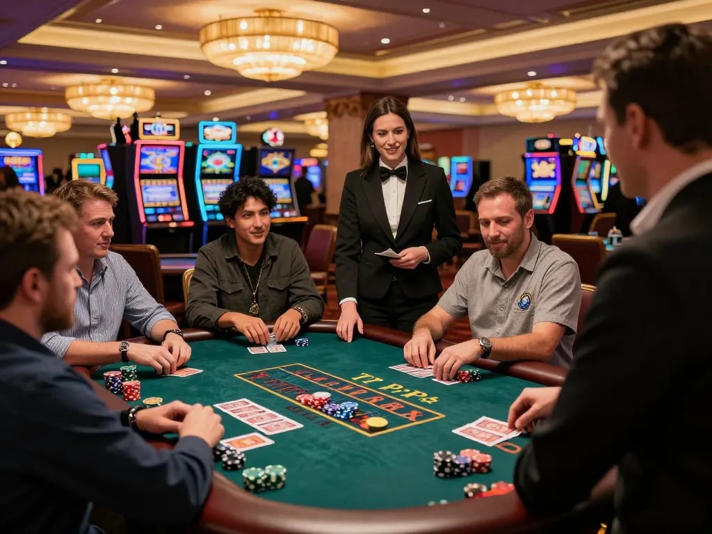 Players strategizing around a live dealer blackjack table at a Vegas casino, capturing the thrill of 7m gameplay.