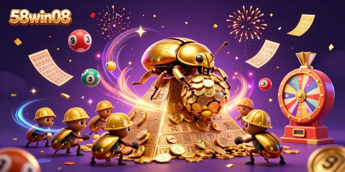Engage with 58win08's thrilling prize-winning scene filled with vibrant casino symbols and excitement.
